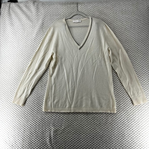 Fabiana Filippi V-Neck Sweater Beaded Trim Long Sleeve Knit...